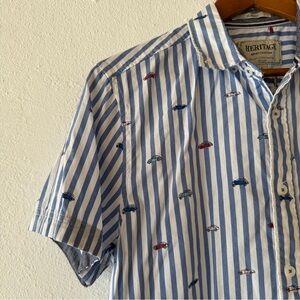 Heritage Slim Fit Small Striped Car Print Button Down Shirt